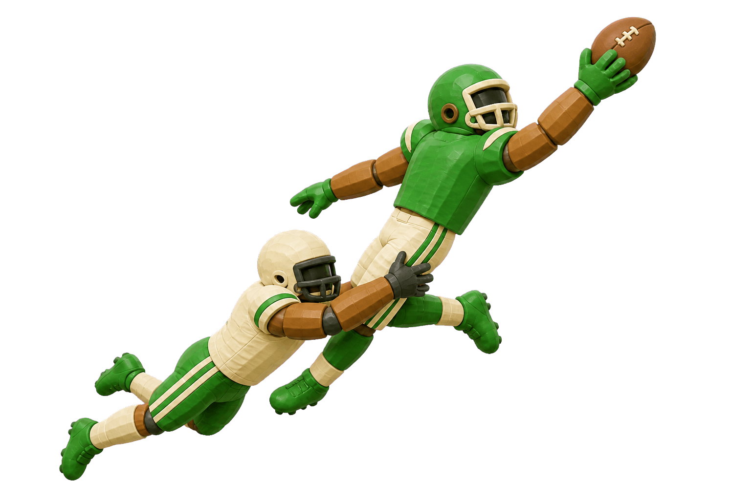Blocky claymation-style receiver making an acrobatic one-handed catch
