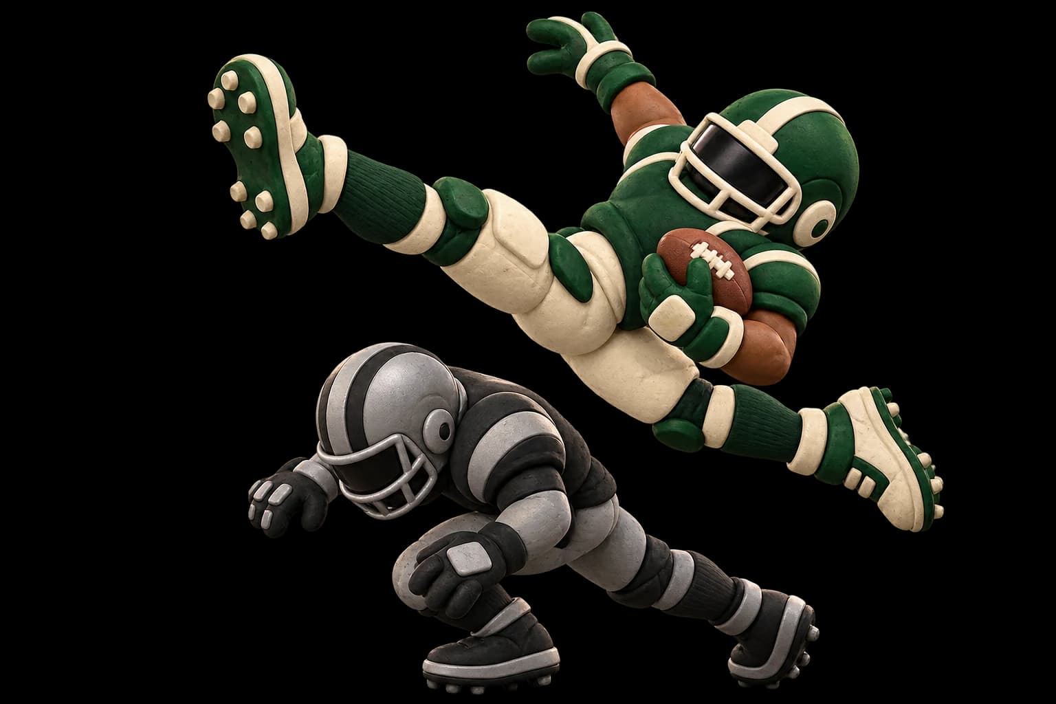 Blocky claymation-style runner vaulting backward over a defender