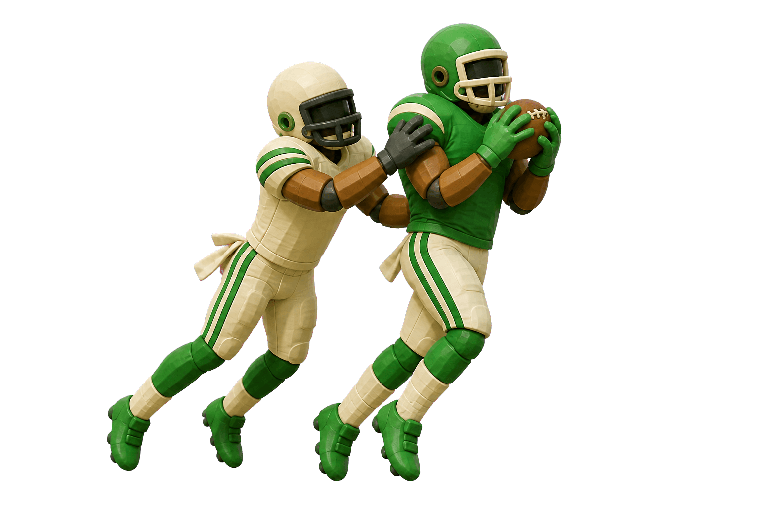 Blocky claymation-style 3D receiver completing a contested catch