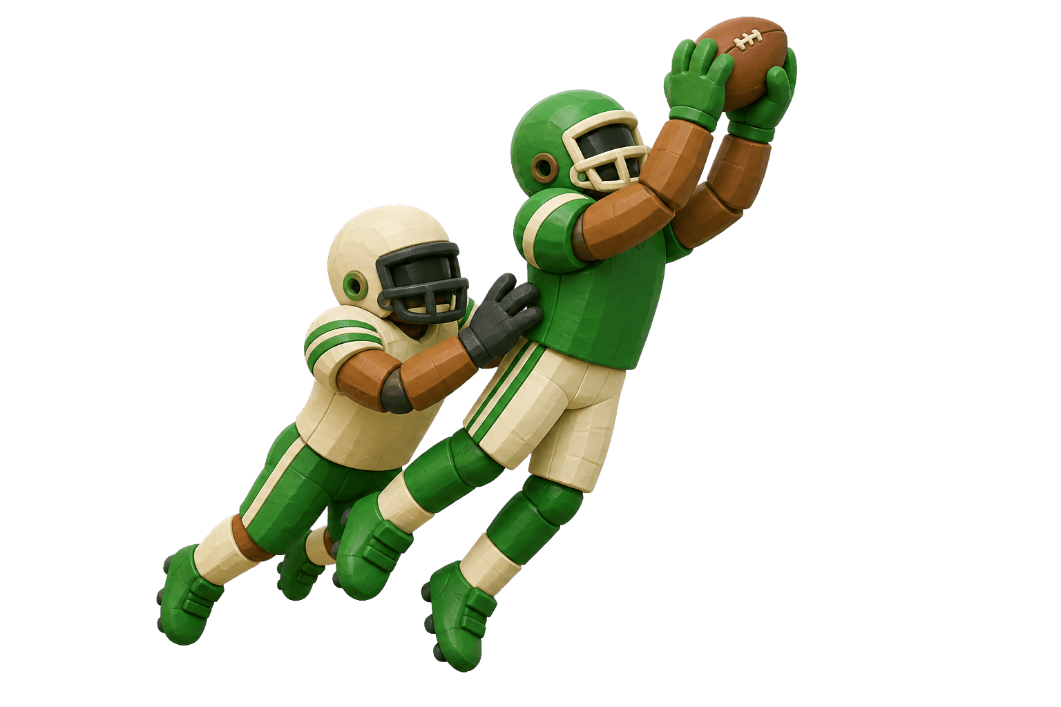 Blocky claymation-style 3D receiver securing a contested end-zone catch