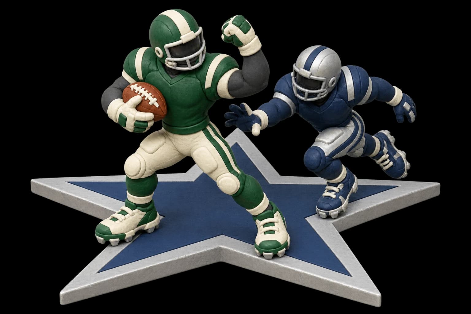 Blocky claymation-style receiver celebrating on a midfield star as a defender approaches