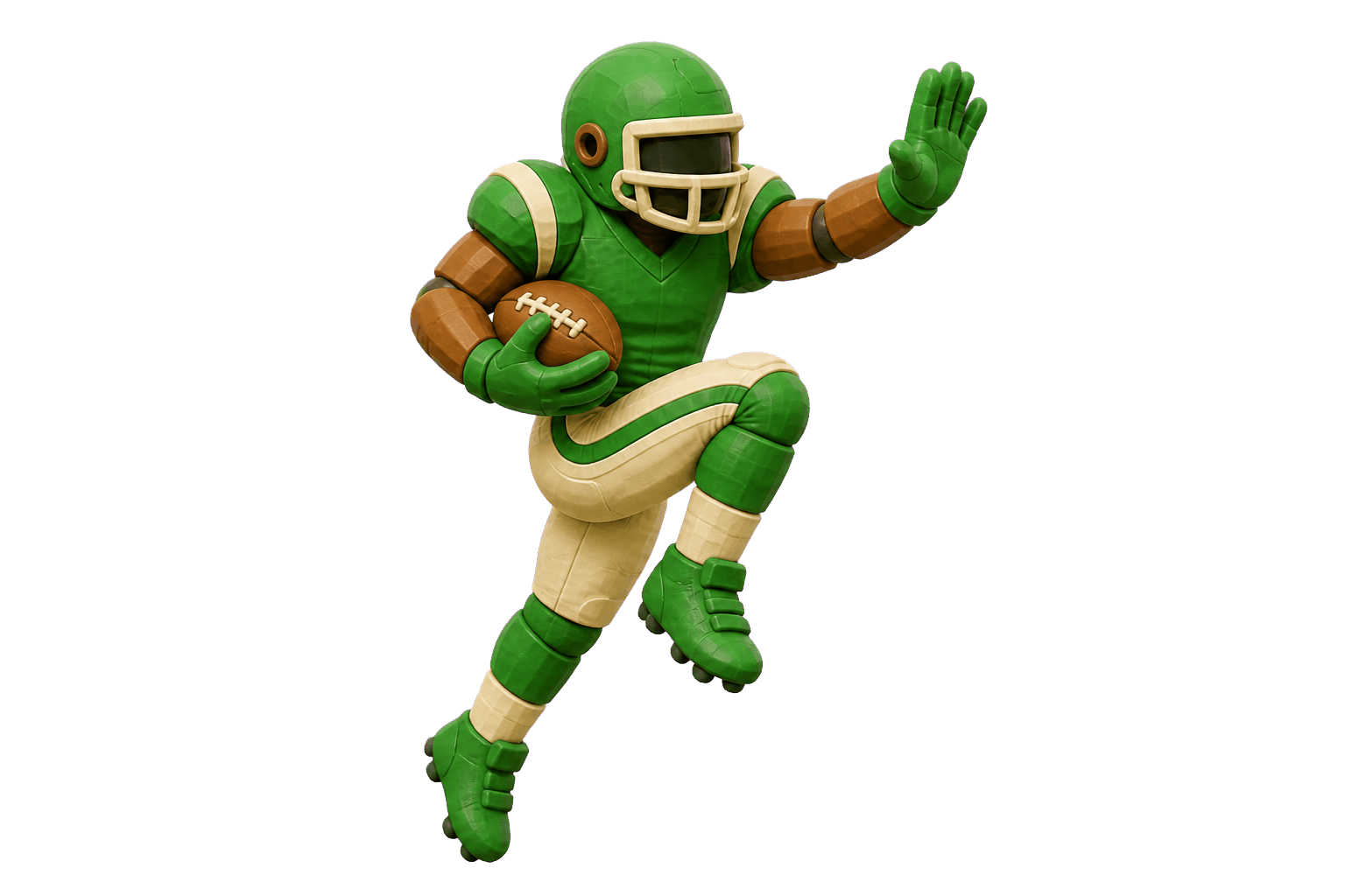 Blocky claymation-style runner driving forward with a classic stiff arm